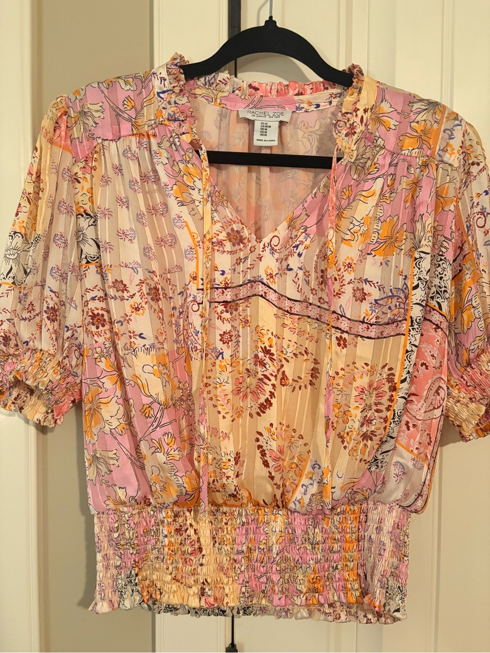 Rachel Zoe Pastel Pink & Yellow Floral Smocked Peasant Blouse